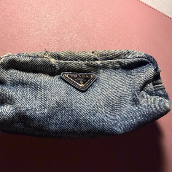 PRADA DISTRESSED DENIM POUCH - Picture 1 of 11